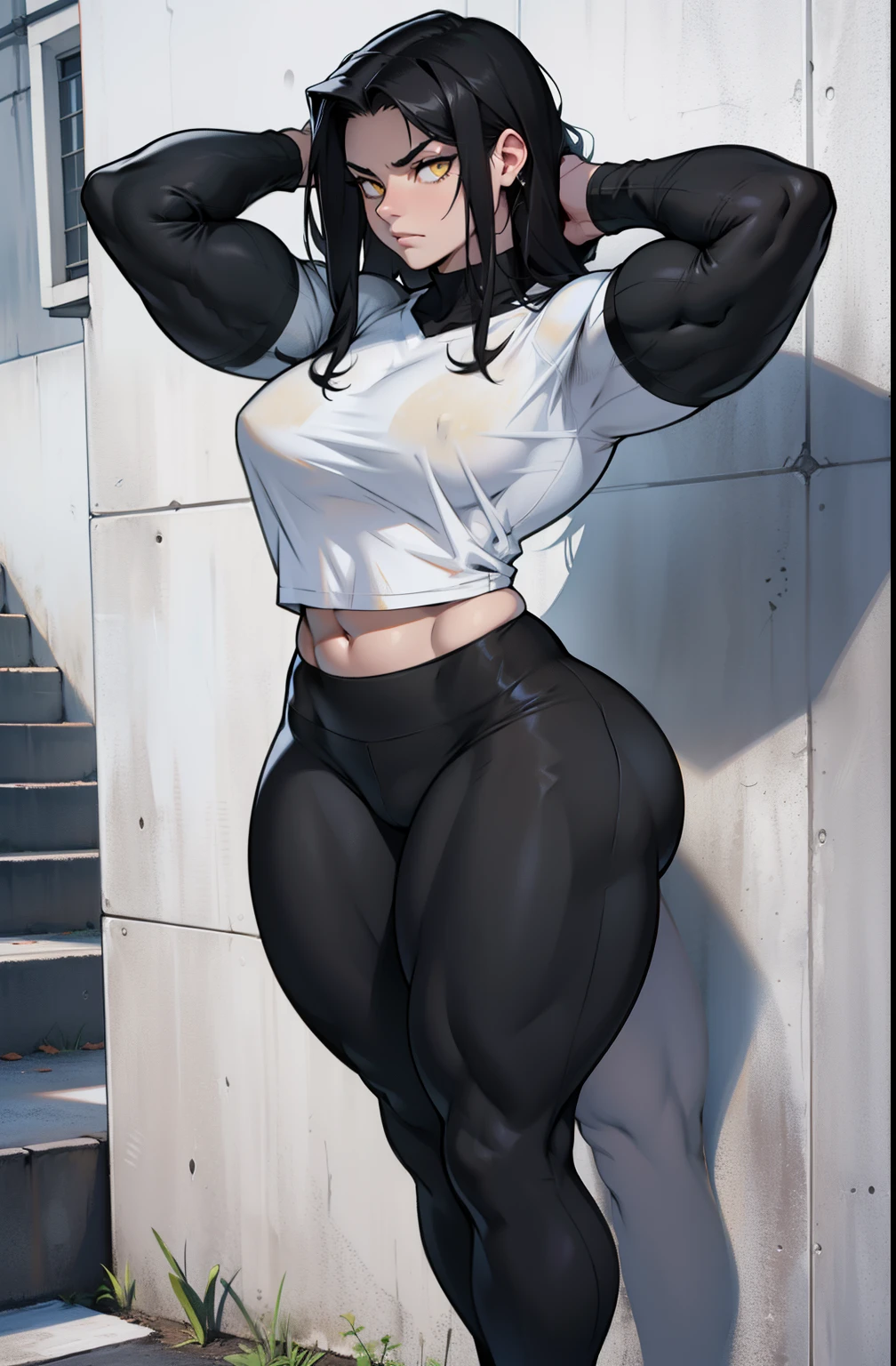 1girl muscular pale skin black hair yellow eyes black against wall frown tight shirt leggings thick muscular thick muscular thick muscular
