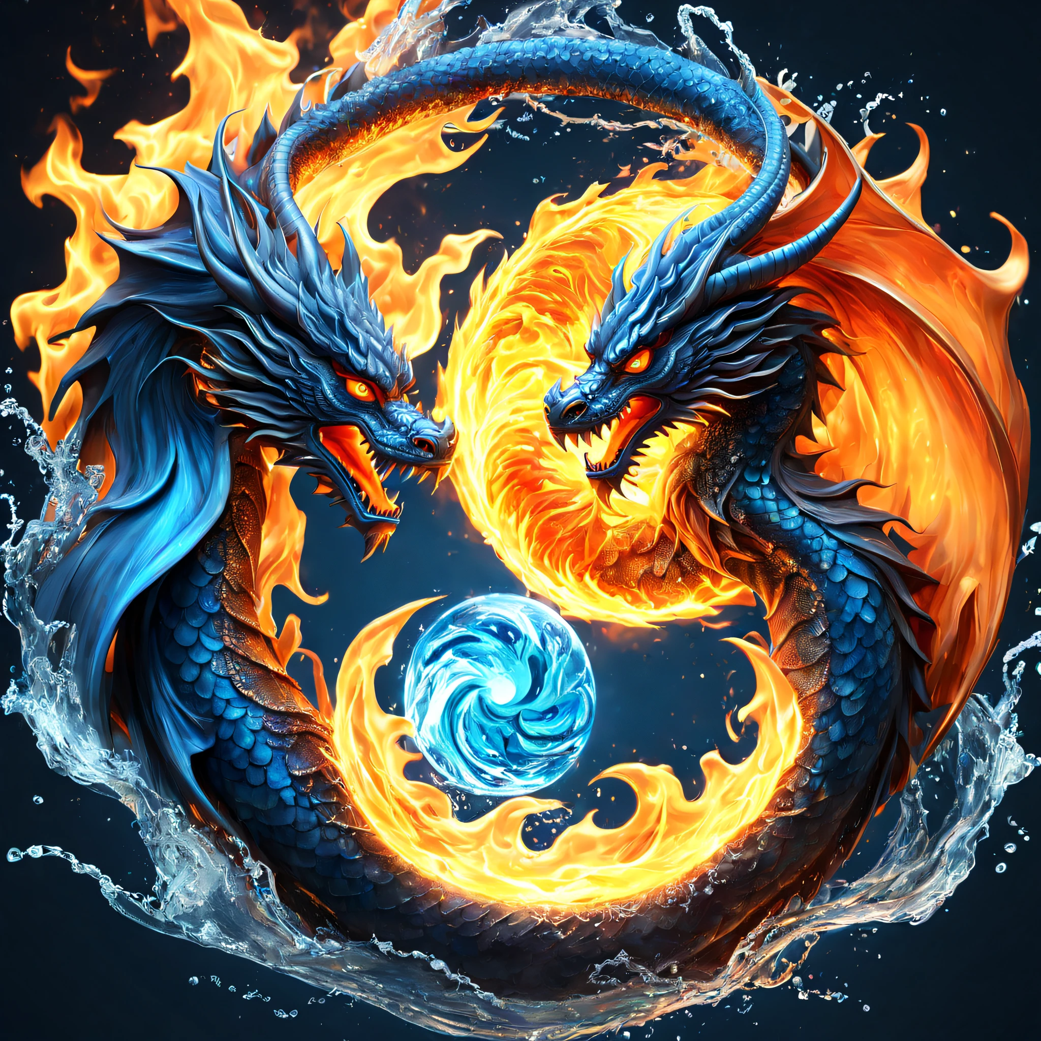(Best quality,4K,8K,A high resolution,tmasterpiece:1.2),ultra - detailed,(actual,realistically,realisticlying:1.37), 2 flaming dragons,  yin and yang symbol, orange fire/blue  duality, The flowing energy of water and fire, Fire and , fire and water, blue flame,