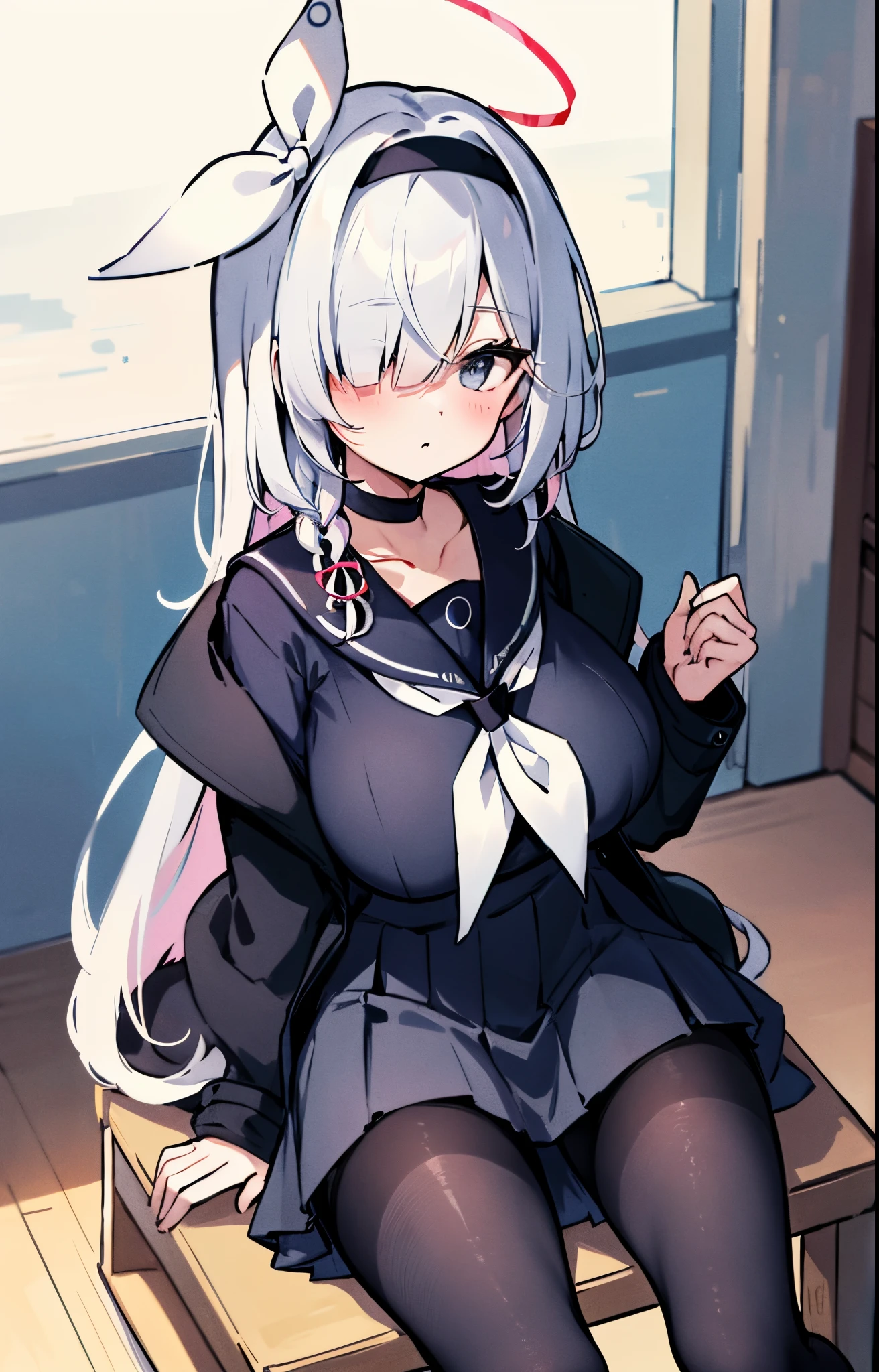((masterpiece,best quality)),
1girl,solo,arona \(blue archive\),hair over one eye,hairband, halo, black choker, choker, school uniform, braid, long hair, serafuku, white hair, sailor collar, pleated skirt,bangs, ribbon, long sleeves, neckerchief, collarbone,black hairband, white neckerchief,black skirt, hair ribbon, jacket, single braid, bow,
pantyhose, black pantyhose,no shoes,parted lips, blush,very huge breast