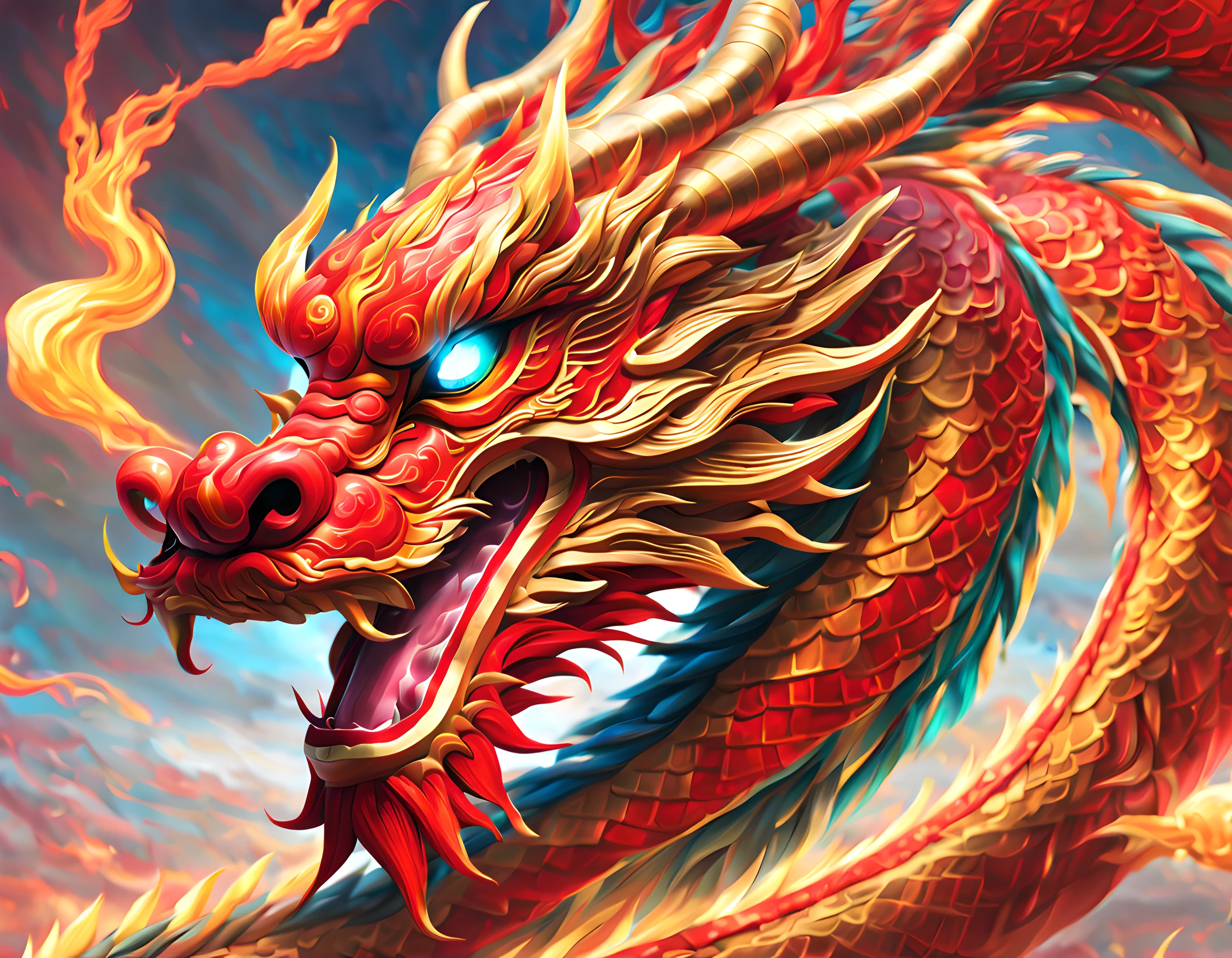 Painting of a Chinese Dragon, professional art, uhd 8k, epic illustration, digital painting, lightningwave, color gel lighting, ultra detailed digital painting, dynamic pose, picturesque colors, gorgeous digital painting, red and gold tetradic colors