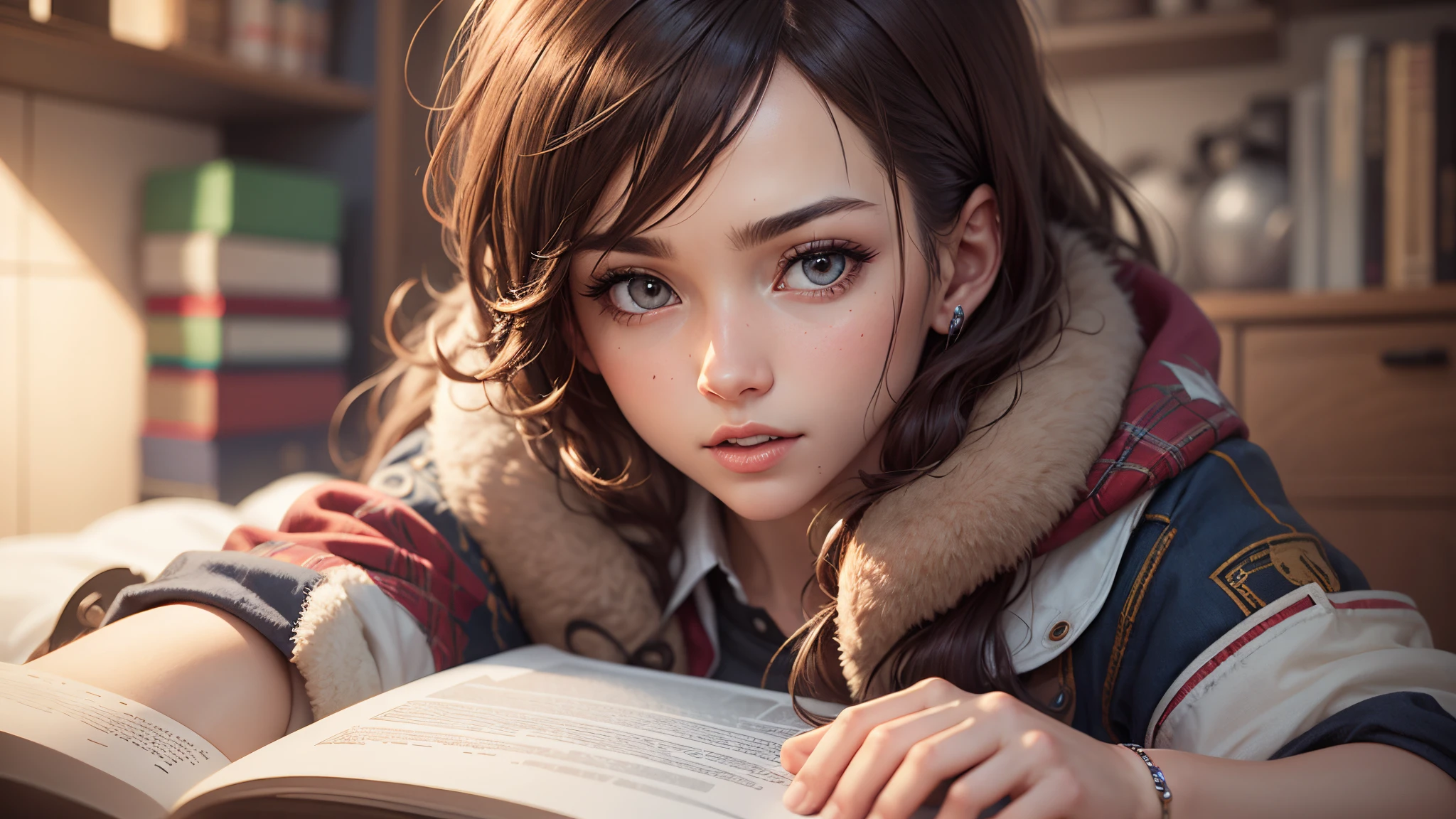 Realistic, personality: [Zoom in on a close-up shot of Alice's face, her eyes widening comically as she reads something unexpected in her book]unreal engine, hyper real --auto --s2