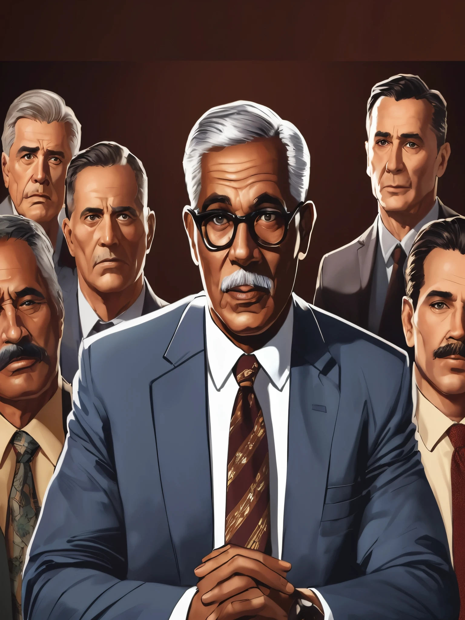 Homem de 60 anos com gravata, Serious expression, falando ao microfone, reunidos com outros homens de outras etnias