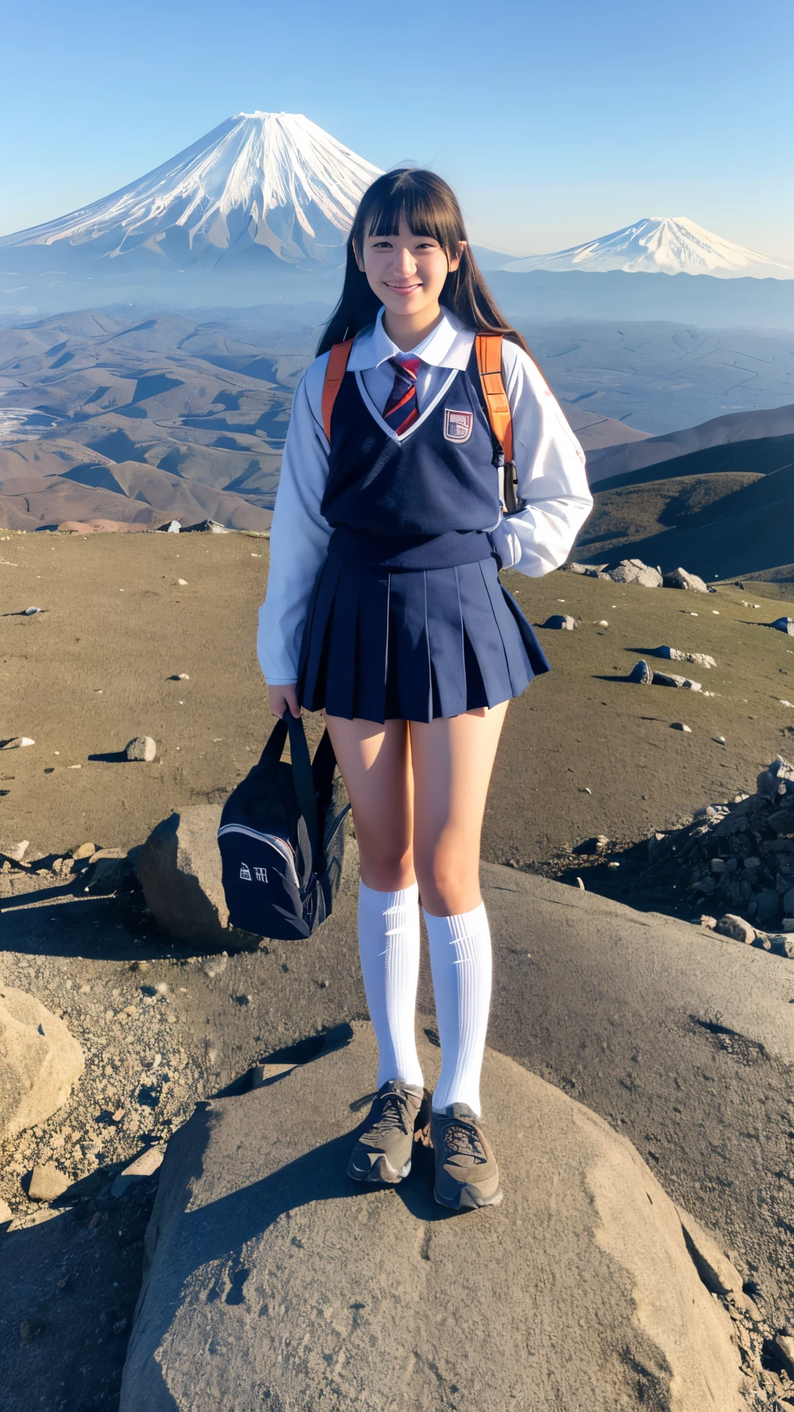 Full body of an 18-year-old Japanese girl wearing a school uniform and on the summit of Mt. Fuji in winter