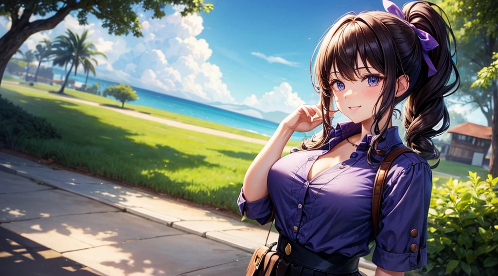 1girl, solo, full body, summer, village, trees, sun, clouds, colorful hair, curly hair, ponytail, large breasts, button down, dark blue eyes, ((purple shirt)), ((unbuttoned shirt)), ((short sleeved shirt)), black skirt, brown shoes, grin, looking at the viewer, standing, hair ribbon