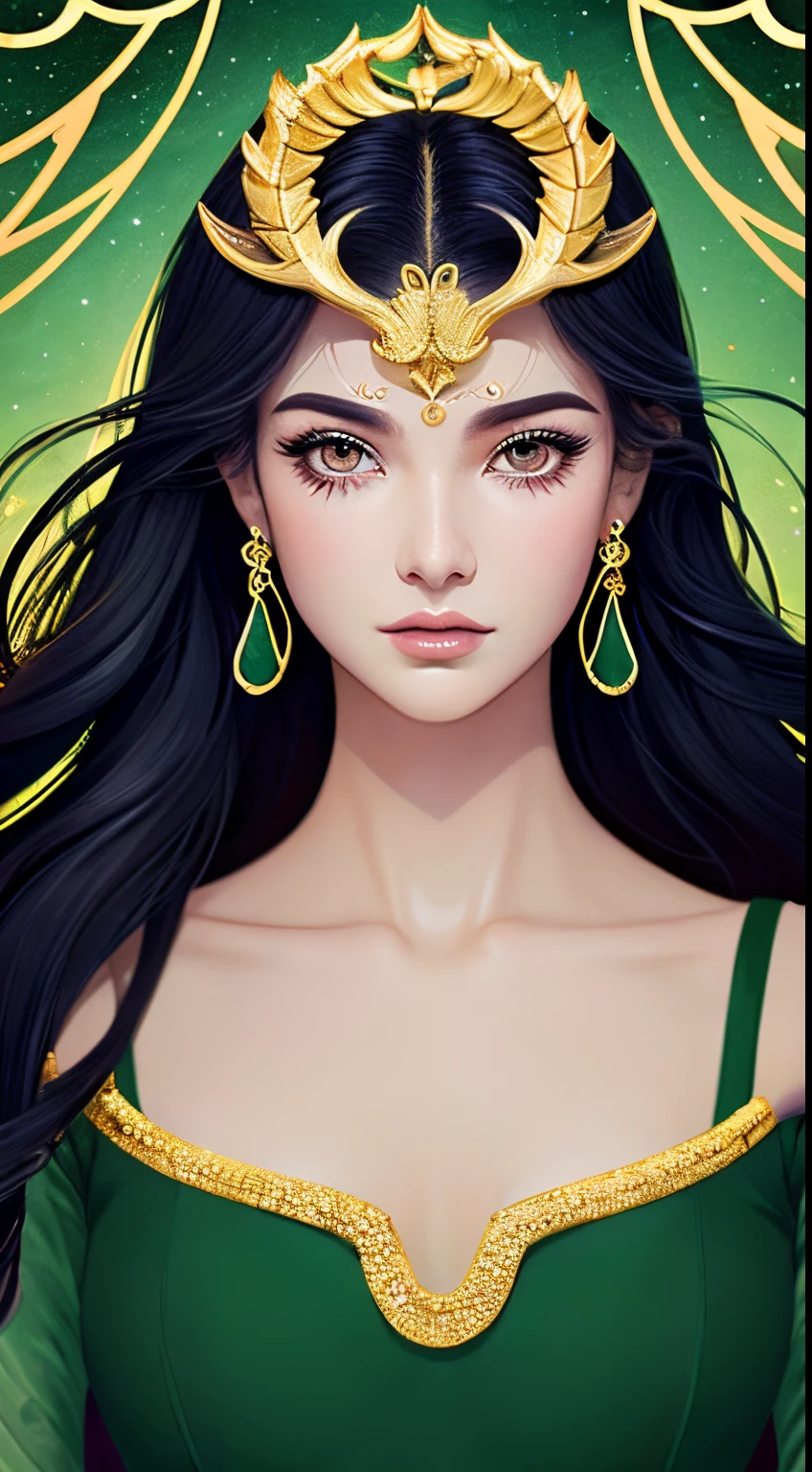 (This is a digital illustration.)( High quality , ultra-detailliert, careful with hand )Zodiac - Goddess of Capricorn , Similar to Latin goodness . self-discipline, persistent, stoic, Determined, Serious face . Unmerciful, flexibility, Pessimistic style . Mature, Long hair , Dark green eyes (eye detailed) , deep golden hair , Transparent dress , tree at night々In the sea with , Whole body , makeup look , goat goddess . ruled by the god of Saturn.