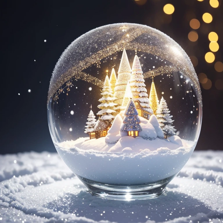snow bowl, Glitter, fine workmanship, Super Quality，Very sophisticated、with an intricate，microcosm，(new year elements under macro lens)，Snow Crystal、lamplight，Presenting a unique micro perspective,new year atmosphere，Warm color palette