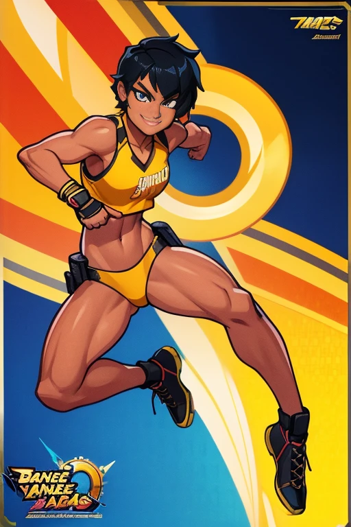 23-Year-Old Filipina, tanned bronze skin, Full Body, , Amber-Colored Eyes,Black Short Hair, Smile, athletic body, official art, official artwork, closeup view, badass pose, full body, official art, official artwork, closeup view, badass pose, full art