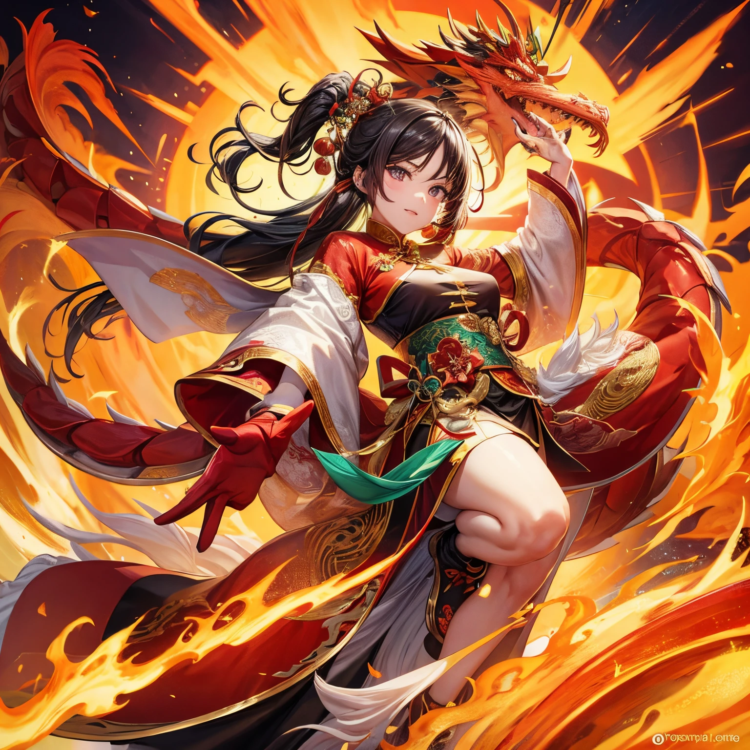 (RAW photos,best qualtiy),(realisticlying,photograph realistic:1.3),Extremely refined and beautiful,astounding,finedetail,tmasterpiece,Hyper-detailing,A high resolution,(Most Best Illustration),(Best shadow),iintricate,(In a crimson gold Chinese dragon,There is gold dust around,Black flowers,the trees,petals,ventania,oh, God,Long wavy body,Fang,fanciful,mito,high high quality,highly detailed,tmasterpiece,Epic,Particle effect,Dynamic effects,(drak:1.4)Front),Clouds,firestorm,mountain ranges,the sunset,sharp fokus, volume fog, 8K UHD, digital SLR camera, high qulity, (filmgrain:1.4), 富士XT3,offcial art, Unity8k wallpapers, ultra - detailed, Beautiful and beautiful, best qualityer, (Zen entanglement, Tangled, entangled), (s fractal art: 1.4), 1girll, brunette color hair, Chino, magnificent robe, The is very detailed, dynamic angle, (The most beautiful chaotic shape), Flowing, (Bright colors), overclocking, (halfway: 1.2), Chinese big breasts, (Tape: 1.3), (Dream: 1.5), (Hanfu: 1.5), chinesedragon,(ssmile: 0.5), (Chinese God), realisticlying, 超A high resolution, 复杂, Hyper-detailing, (dent in the skin), femele, Detailed body, (Detailed face: 1.1), (contoured iris), (Watercolor lenses), (perfect eyes), 4K, opulent, (tmasterpiece: 1.2), (best qualtiy:1.2),slutty,tempting pose。