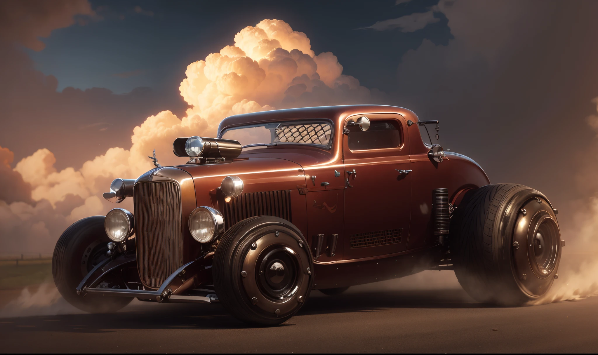 1932s retro futuristic dieselpunk armored Hot Rod car is racing down a country lane in the UK on a summer day, dust cloud, frazetta, ghibli, leyendecker