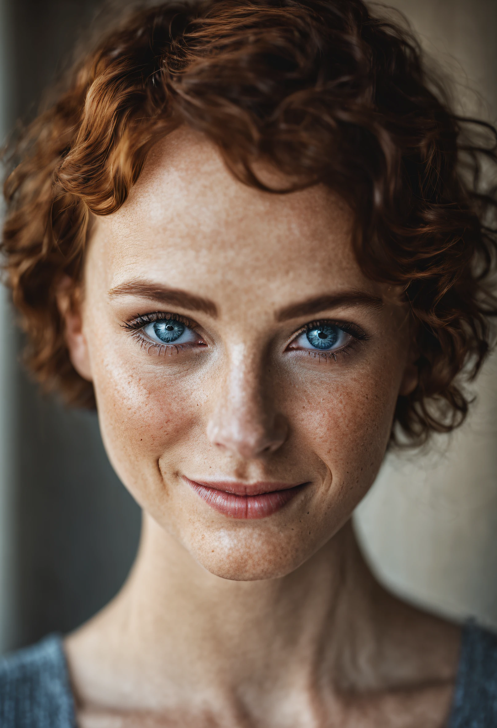 beautiful lady, (freckleig smile, blue eyes, short hair, dark makeup, hyperdetailed photography, soft light, head and shoulders portrait, cover