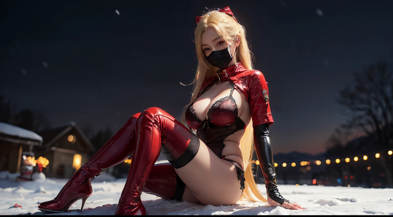 ((best quality)), ((masterpiece)), (detailed), perfect face, ((Big tits)), asian girl, red christmas outfit, lingerie, stocking, xmas, beautyful face, ((stocking)), ((she wearing a red mask)), high heels, ((she wearing a red hood)), ((blonde straight hair)), ((detailed eyes)), it is snowing in the background, (one snowman in the background)