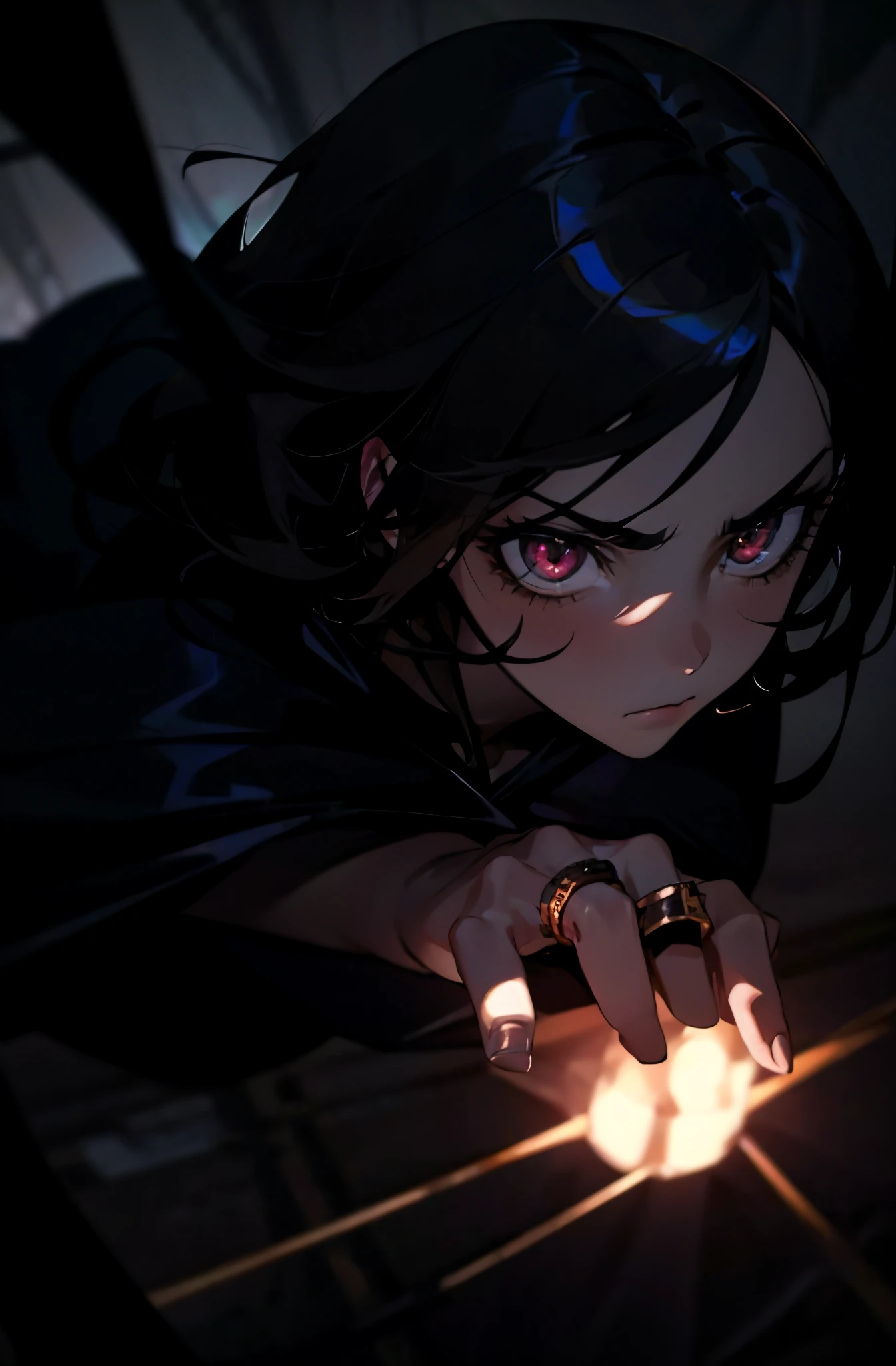 Dramatic lighting, dramatic pose and scene, gleam, dark colors and atmosphere, gloomy anime girl, Intense expression at camera, ring lights, no close-ups