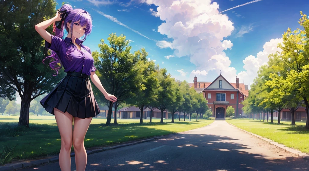 1girl, solo, full body, summer, village, trees, sun, clouds, colorful hair, curly hair, ponytail, large breasts, button down, dark blue eyes, ((purple shirt)), ((unbuttoned shirt)), ((short sleeved shirt)), black skirt, lifting skirt, brown shoes, grin, looking at the viewer, standing, hair ribbon