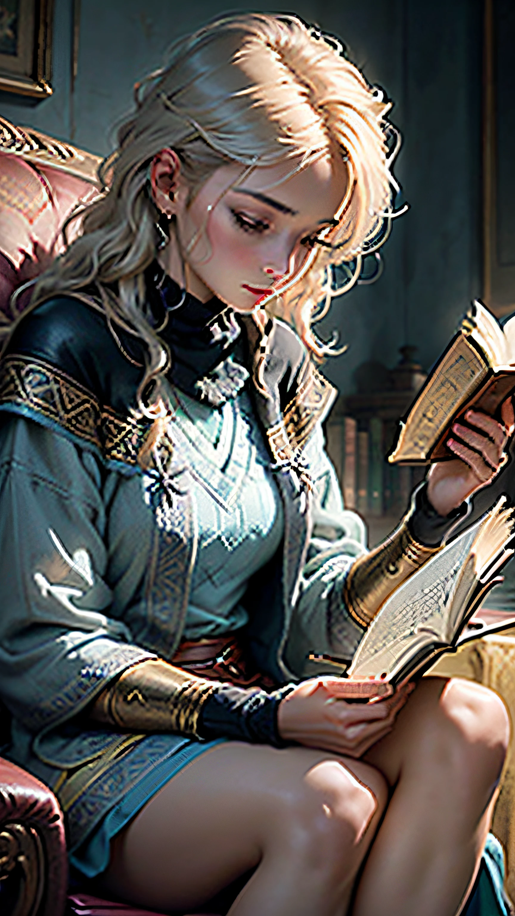 Blond woman sitting on a couch reading a book in a room - SeaArt AI