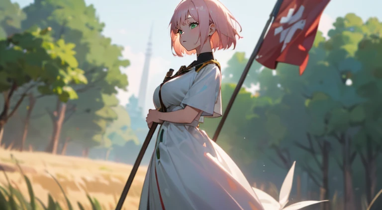 (masutepiece), Best Quality, Highest Quality, Highly detailed CG Unity 8k wallpaper, Original, High resolution, (depth of fields: 1.5), fidelity: 1.3, a beauty girl, A pale pink-haired, Short Bob, huge tit, Caucasian, Green Eyes, White dress, huge tit , hold a flag, military flag, raise a flag