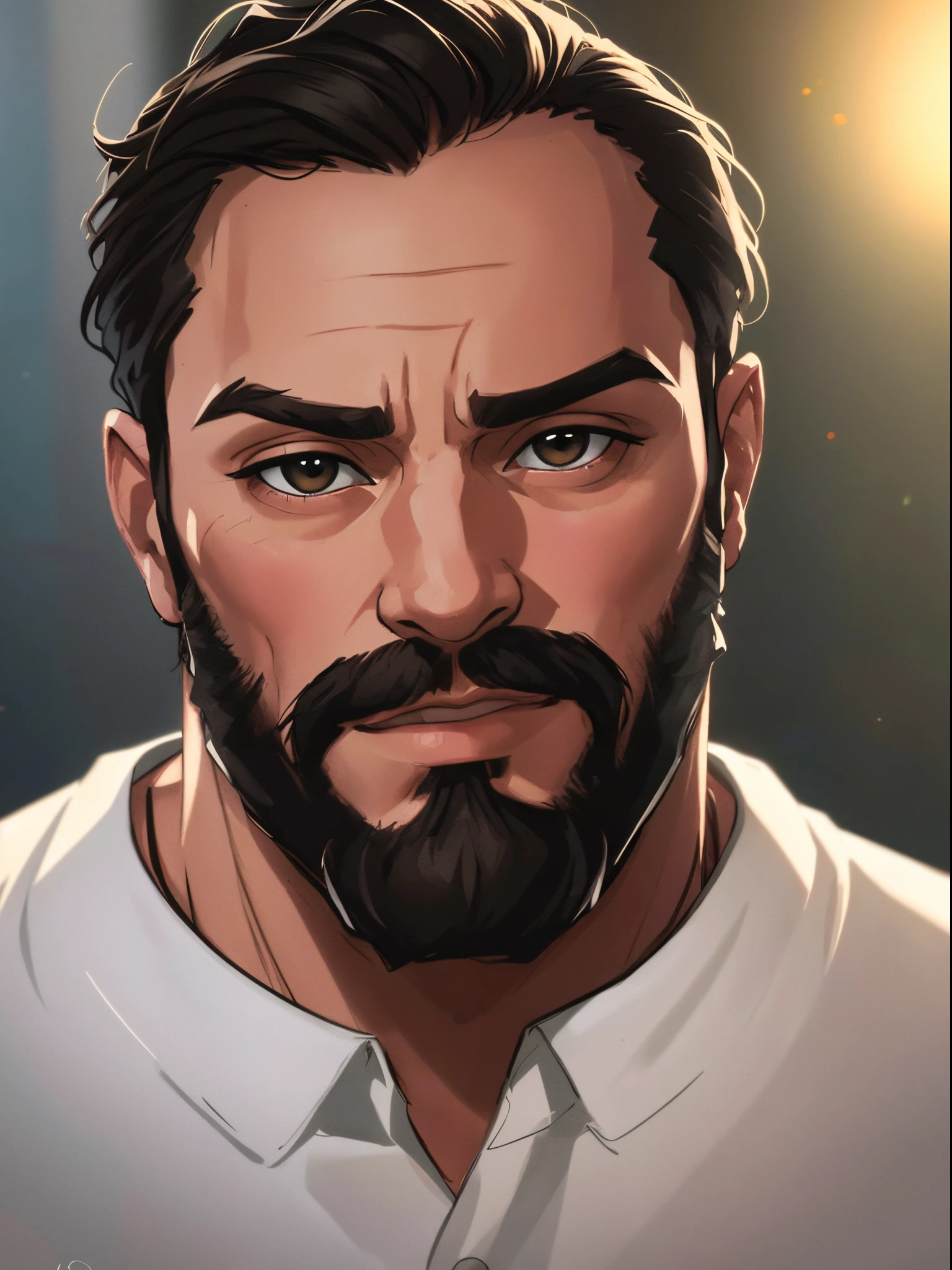 com barba e camisa cinza desviando o olhar, foto retrato suave 8 k, bokeh top cinematic lighting, Retrato tirado 8 K, 8K Artgerm Bokeh, foto de retrato, dramatic lighting; 4k 8k, cinematic portrayal, cinematic headshot portrait, foto de retrato detalhada, olhando para o lado dele, homem bonito, 7 0 mm portrait