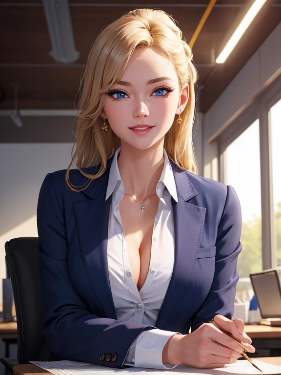 (masterpiece, best quality, ultra-detailed, highres, best illustration), perfect face, sidelighting, lustrous skin, (shine), ray tracing, 1girl, white skin (adult) female, solo, office background, elegant office worker, smile, looking at viewer, (adult body), blue eyes, long blonde hair, wearing light blue blazer, parted lips, depth_of_field, very detailed background, beautiful detailed eyes, perfect lighting , perfect anatomy, (extremely detailed illustrated 8k), vivid colors, extreme light and shadow, shine, dynamic angle