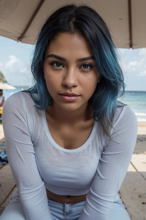 (best quality, 4K, High resolution, best details, Masterpiece: 1.2), tanned skin, beautiful ultra-detailed, (Realistic, photorealistic, photo-realistic: 1.37), photorealistic, Best quality, hyper detailed, Close up of a portrait, Best shade, Beautiful sexy latin fitness girl from Venezuela, 21-year-old, Young girl, blue eyes!, gorgeous symmetric face,3/4 blue hair!!!, Almond eyes, full lips, a white jeans pant, grey tee shirt, Seat on the coffee on the beach in Venezuela