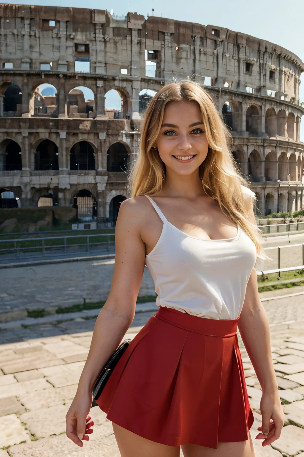 Cute italian girl, blonde hair, green big eyes, full body, wearing a red skirt, taking a photo with the coliseum in rome, smooth white skin, realistic, beautiful smile, happy face, people in the background