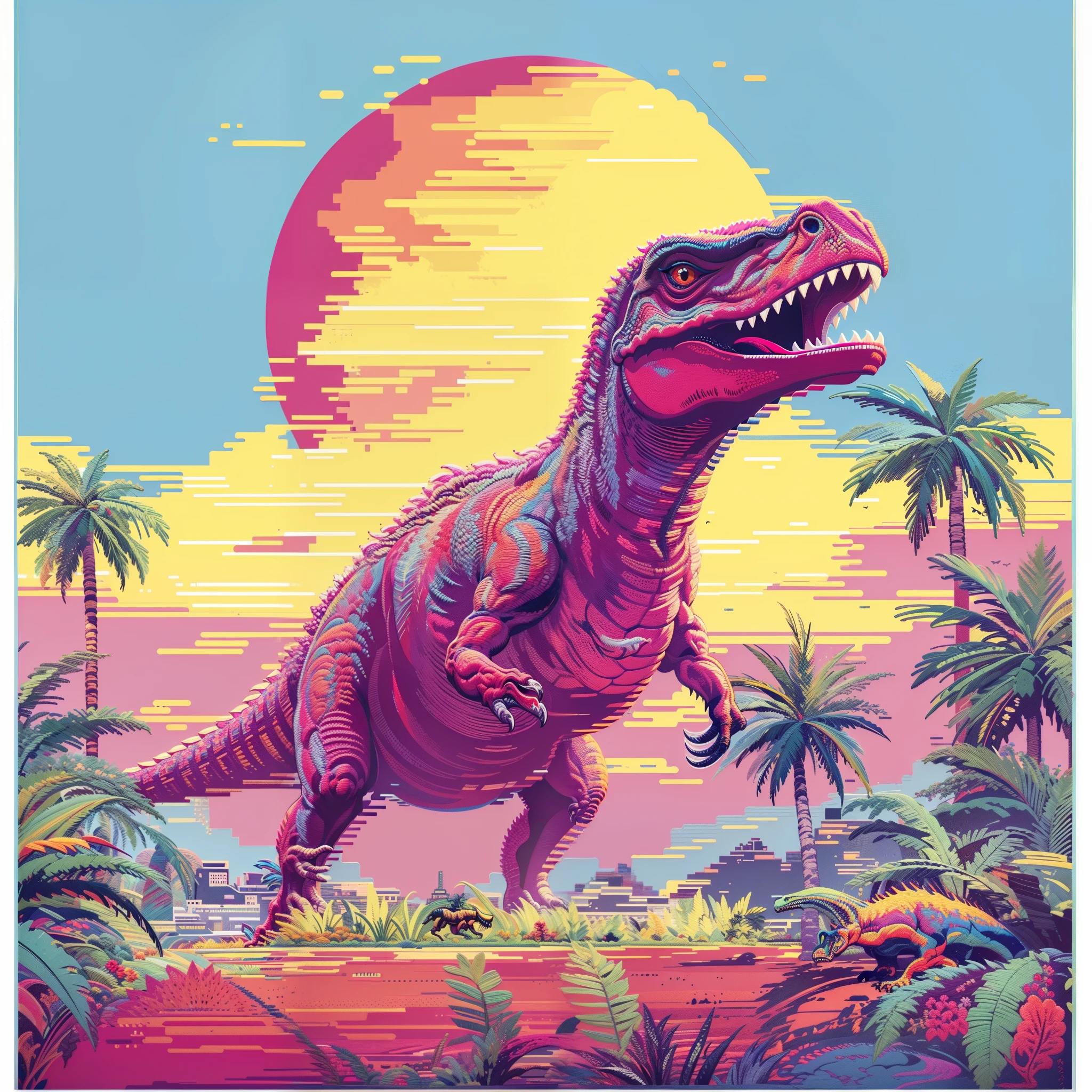 ultra realistic full embroidery tyrannosaurus rex embroidery art um close de um dinossauro em um campo com palmeiras, dinossauro pixel art, Dinossauro Trex, Jurassic image, arte detalhada do pixel, Jen Bartel, Tiranossauro rex, retro art, Trex, Dino cromado, Altamente detalhado Hyper Real Retro, pintura digital altamente detalhada, estilo de arte outrun, Epic retrowave art, cores altamente detalhadas, t - rex