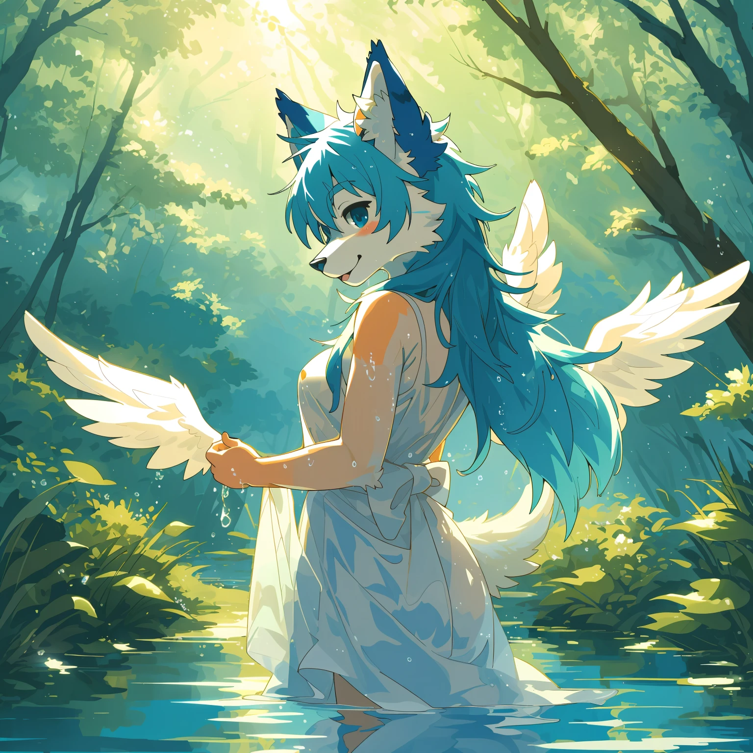 cover_page, highres, top quality, best quality, paid reward available, High-quality illustrations, unparalleled masterpiece, perfect artwork, absurdres, super high resolution, detailed background(Furry, angelic cute 1girl, Solo focus)(furry anthro:1.7)bathing in water, beautiful refraction of water, white dress soaked in water, transparent clothing, Rich colors, Dreamy, mystical, erotic(In the forest where the stream flows, Backlighting)Happy, joyful(Photos of solo travelers)(kemono, furry anthro)cinematic lighting, dynamic angle,