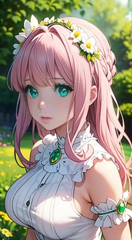 Very Cute girl,big sized boobs,half naked ,ultra realistic eyes, white and shining princess dress, flower bracelet on her head ,garden outside, pink colour hair,bright green eyes, ultra realistic detailed eyes, innocent eyes, looking at camera,long pink hair,