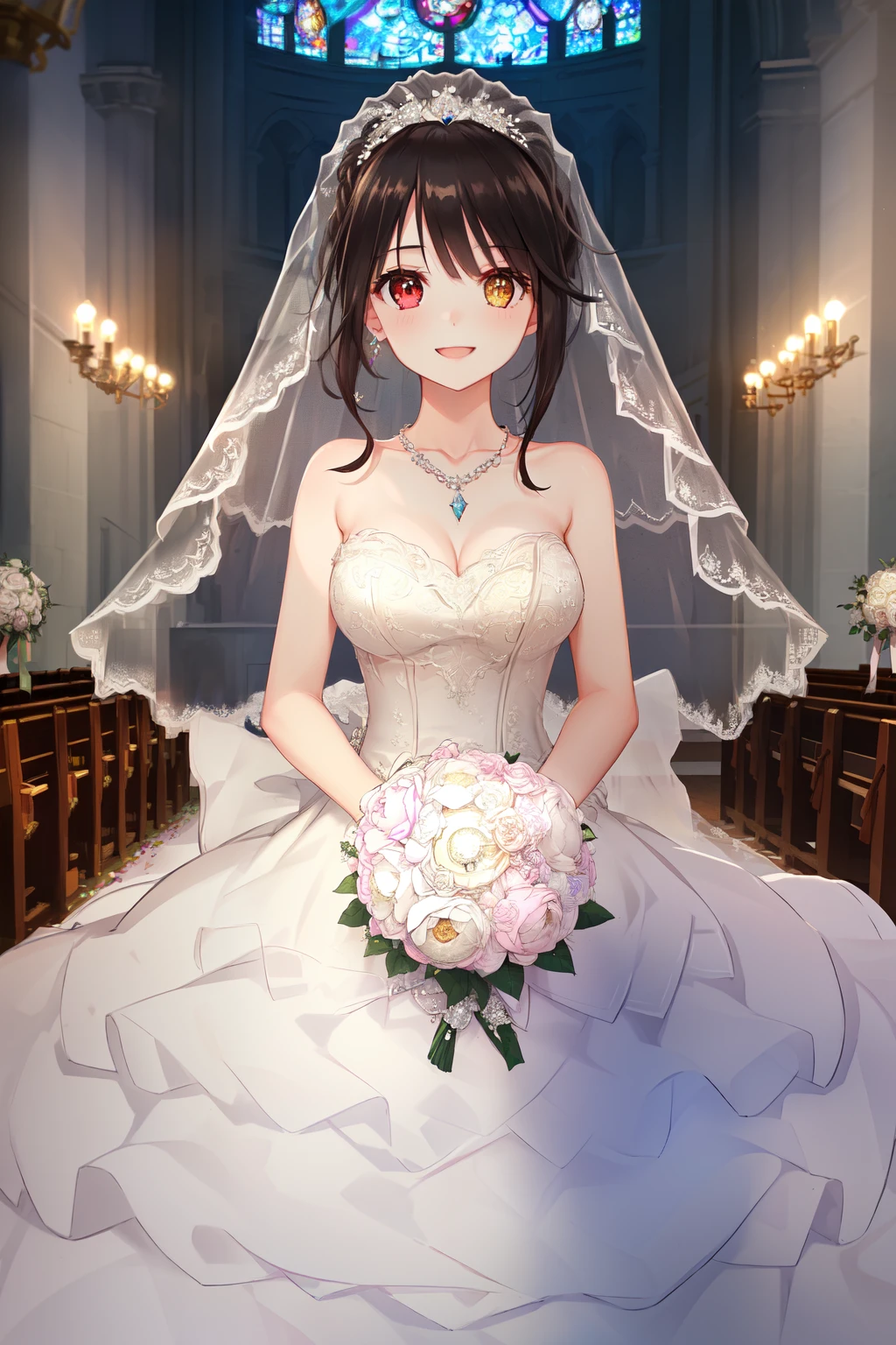 (best quality,highest quality,8K,Bloom,HDR, extremely quality:1.2),1girl,19 years old,mature girl,in the church,church,(wedding dress,wedding veil,diamond necklace,clock eyes:1.4), heterochromia,solo focused,holding bouquet flower,Smile happily like a child, very happy