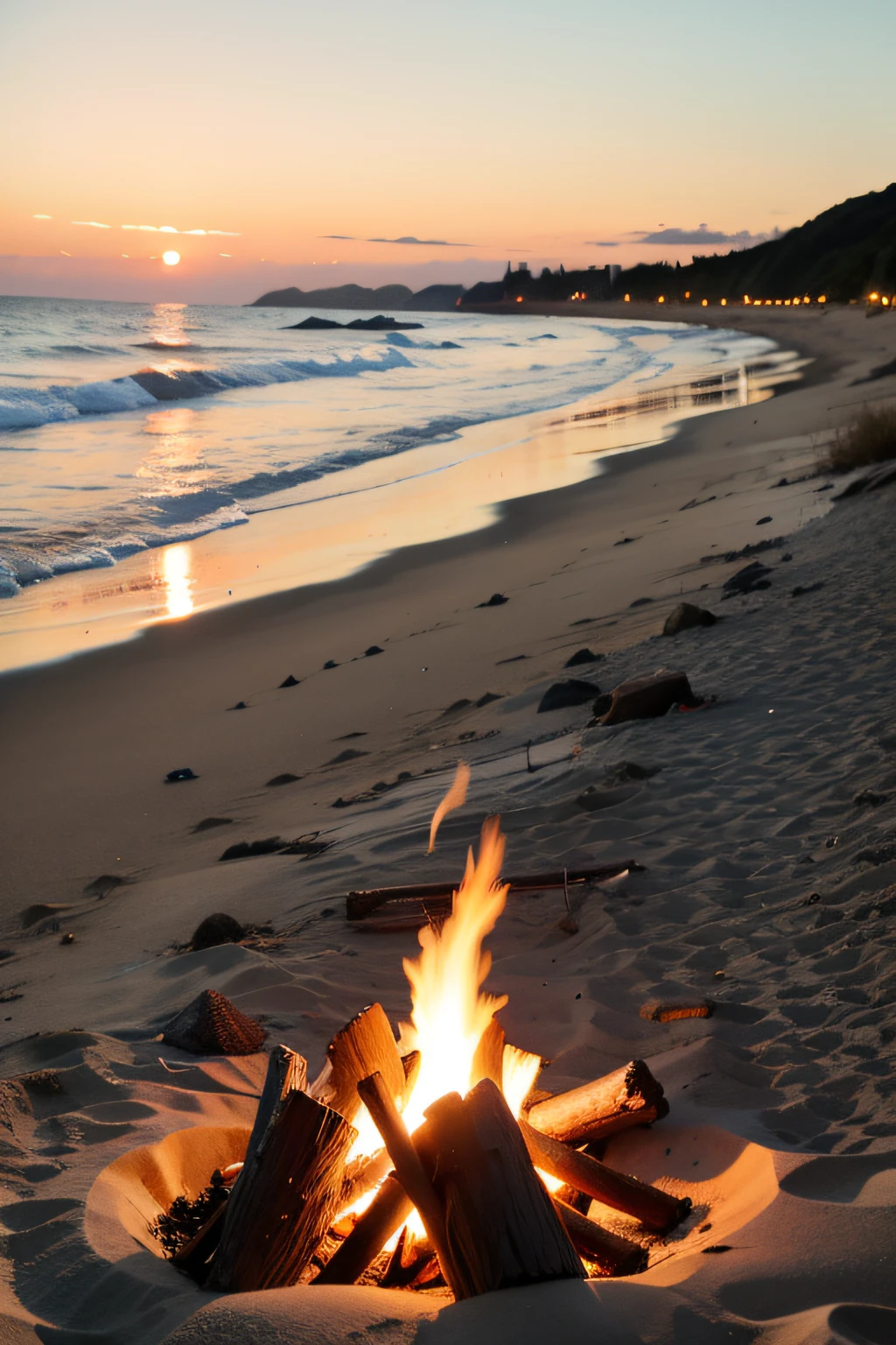 the sunset,sea surface,sandbeach,bonfires