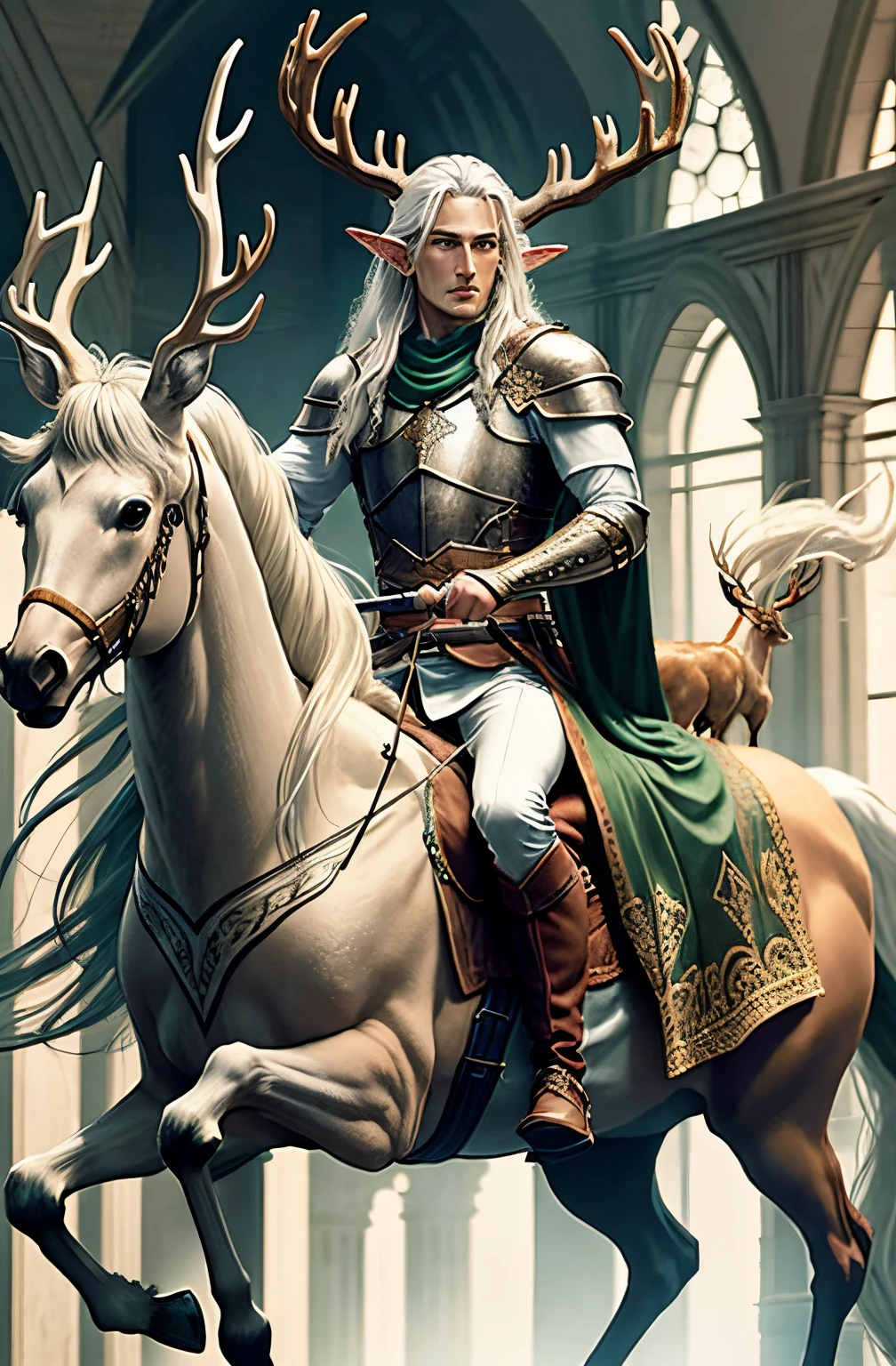Elf cavalry riding a deer,handsome man,Male elf,solo person,only one person,Wearing armor,full body,riding on a deer,a deer,centre,Hold a spear,Shoulder blades,shelmet,longspear,Long white hair