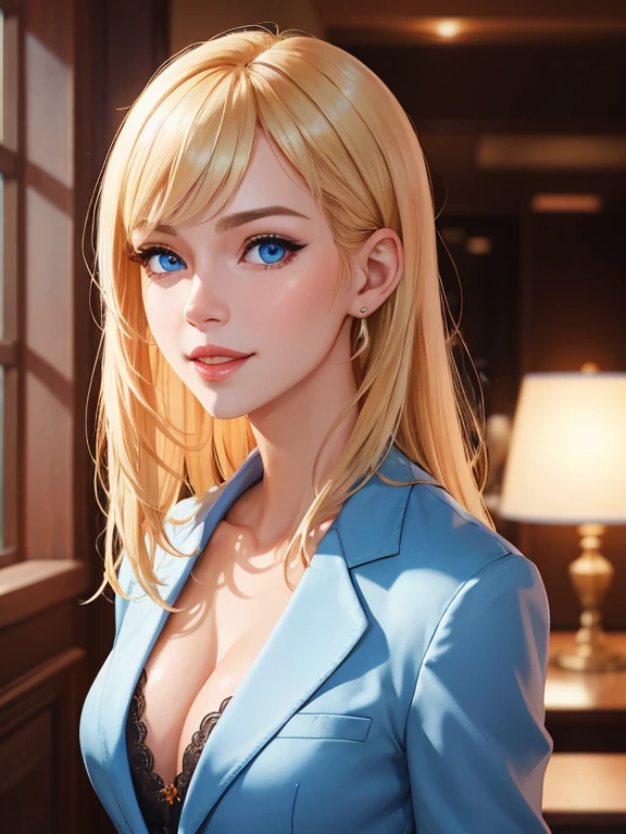 masterpiece, ,(solo:1.1), perfect face, (bright lighting:1.2),beautiful detailed eyes, extremely detailed face, perfect lighting,masterpiece, best quality, ((mature female)), ((large breasts)), 30yo female, 1girl, , hetero, 1boy, fellatio, oral, solo focus, pov, red lips, short blonde, straight hair ,provocative, tease, lips, lipstick, red lips, red lipstick, milf, large breast, blazer , smile, woman, bold lips, thick lips