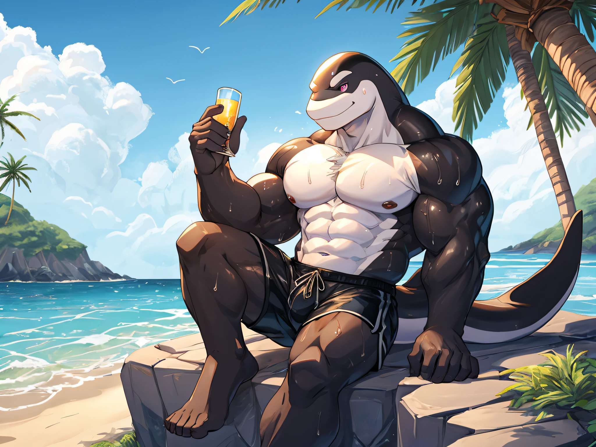 furry,bara,killer whale,muscular,Dark pink eyes,shell,Wear black swimming trunks,Sitting on the rocks,under the coconut tree,Behind is the sea..,There were clear sweat stains all over the body..,His facial expression was slightly embarrassed..((No ears..))