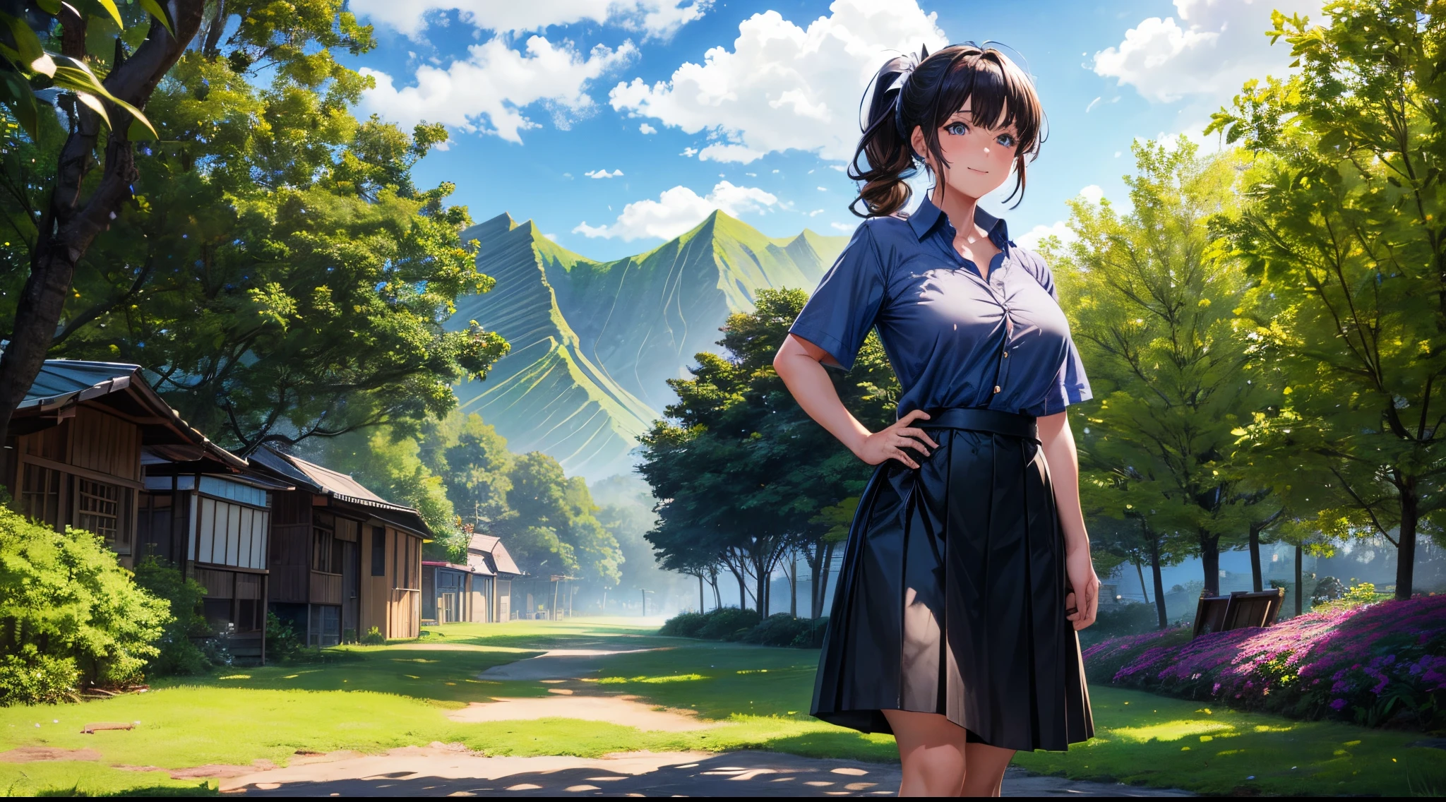 1girl, solo, full body, summer, village, trees, sun, clouds, black and white hair, curly hair, ponytail, large breasts, button down, dark blue eyes, ((hawaii shirt)), ((unbuttoned shirt)), ((short sleeved shirt)), skirt, brown shoes, grin, looking at the viewer, standing, hair ribbon