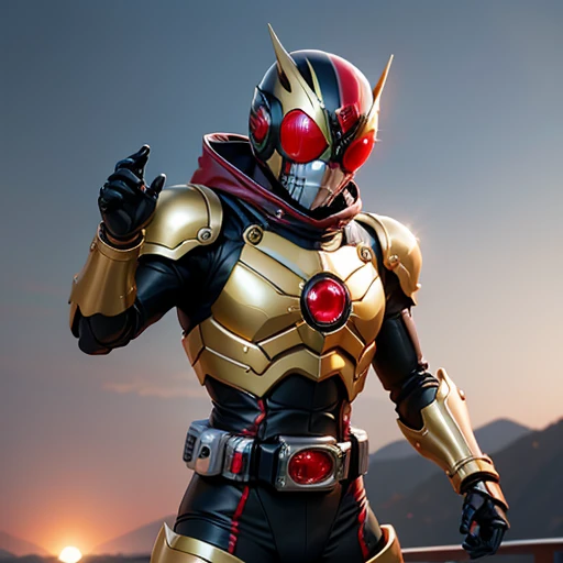 Kamen Rider、Metallic Black Body、gold frame decoration、Red muffler、fighting poses、Photograph the whole body