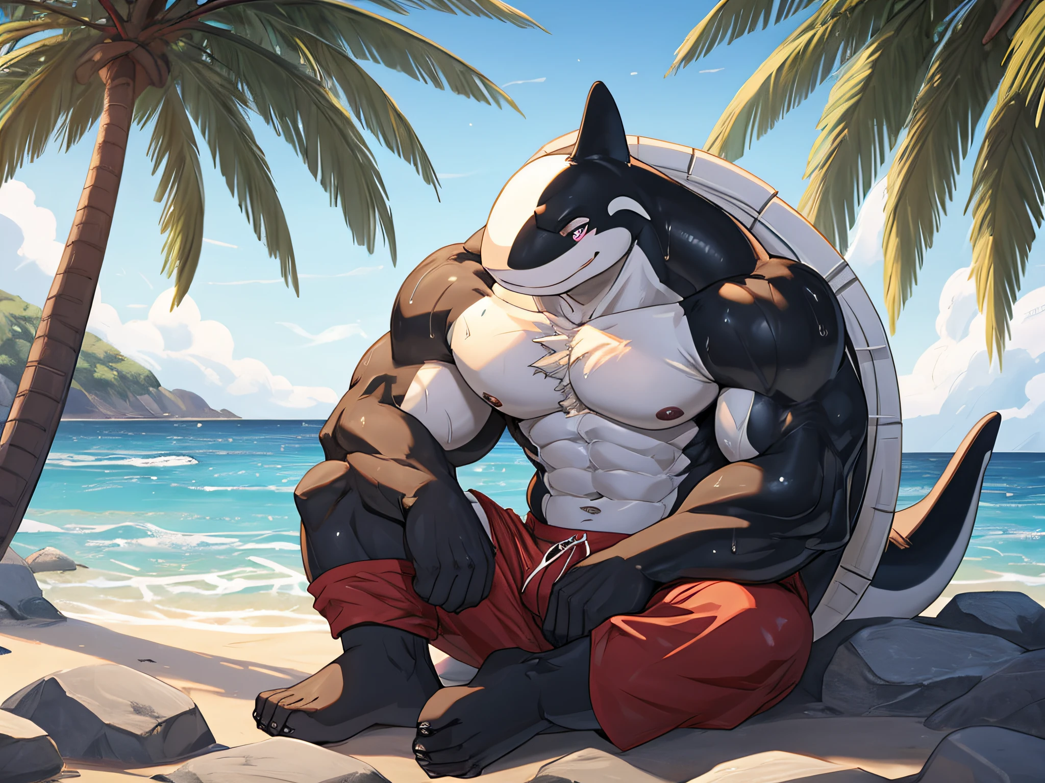 uploaded on e621, ((by Wildering, by Foxovh, by Disney)), solo muscular (((puro))) with (((hyper muscles))) and (((abs))) and ((neck tuft)) and (fluffy tail), ((half-length portrait)), BREAK, (detailed lighting), ((detailed fluffy fur)), BREAK, ((sitting at island with plant and water on sunny day)), (cinematic lighting), ((detailed background)), ((depth of field)), (half body shadow), (((looking at viewer))), (high-angle view), ((three-quarter view)), [backlighting], [detailed ambient light], [gray natural lighting], [ambient light on the belly], [realistic proportions], [explicit content, adult, nsfw], [sharp focus], (questionable content), (shaded), (hi res), ((masterpiece))