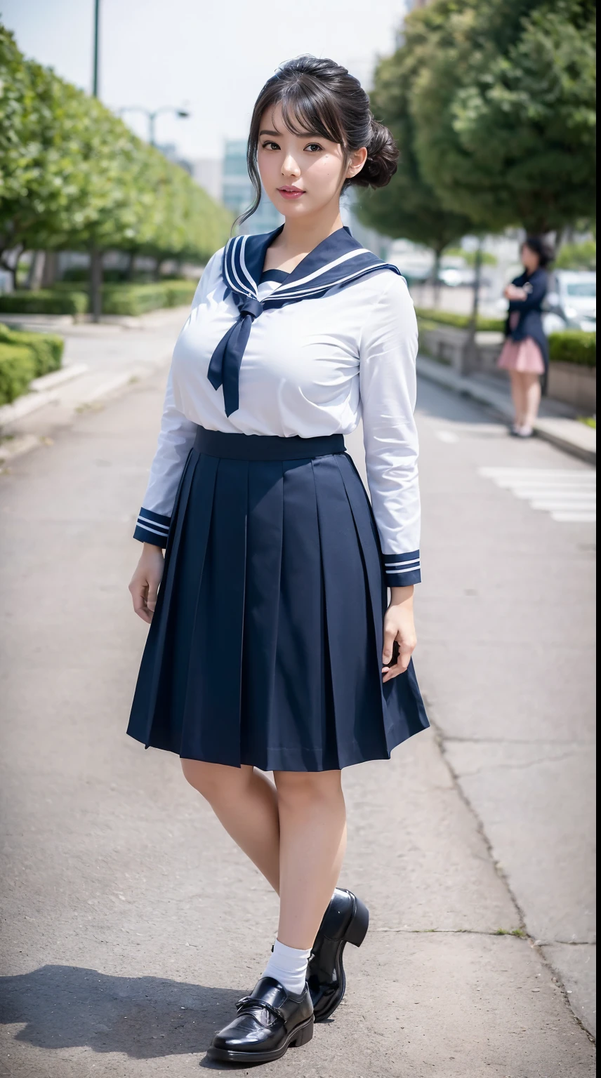 (Masterpiece,High Quality:1.3),(depth of field:1.3) ,((front body:1.35)), Japanese ,woman,30 years old,chignon, sailor long skirt uniform, huge breasts, voluptuous ,(looking at viewer:1.3), (full body shot:1.2),