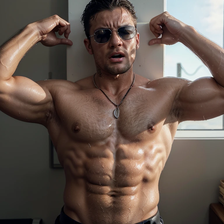 Male muscle,sleep,slepping,drunk,scared face,scary,shocked face,moaning face,shirtless,tatto in stomach,sweat,wet,veined,sexy,formal trouses,belt,watch,necklace,sun glasses,office,very deep innie!!!