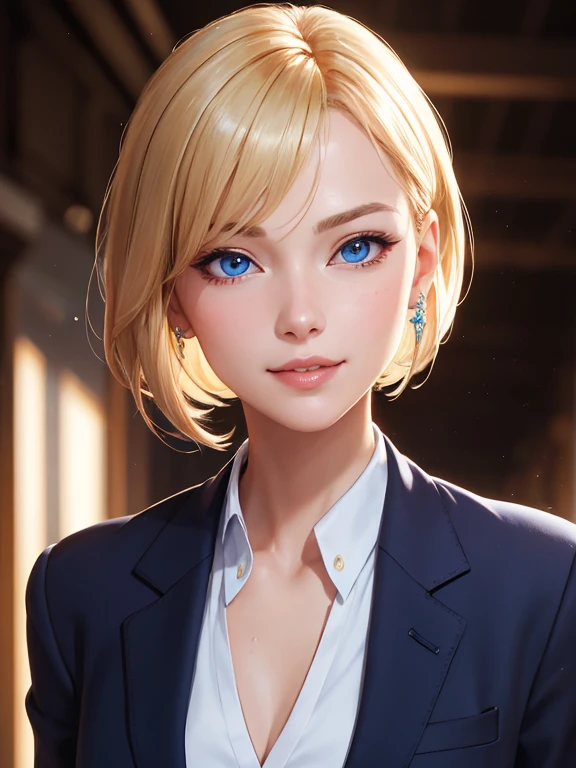 (masterpiece, best quality, ultra-detailed, highres, best illustration), perfect face, sidelighting, lustrous skin, (shine), ray tracing, 1girl, white skin (adult) female, solo, office background, elegant office worker, smile, looking at viewer, (adult body), blue eyes, long blonde hair, (side-swept bangs), wearing light blue blazer, elegant expression, depth_of_field, very detailed background, beautiful detailed eyes, perfect lighting , perfect anatomy, (extremely detailed illustrated 8k), vivid colors, extreme light and shadow, shine, dynamic angle