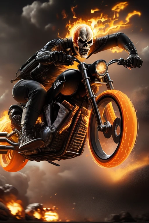 High quality, Cinematic Ray , Ghost Rider Realistic Digital Art Illustration Movie Stills (Jumping:1.3) inside the bike ,   epic lighting, Cinematic lighting,   hight resolution, (the detailed images:1), Insane details, Soft,  Hyper realistic,   (Highly detailed:1.2), masutepiece, 8K UHD, Digital Art Style ,  Trending on ArtStation