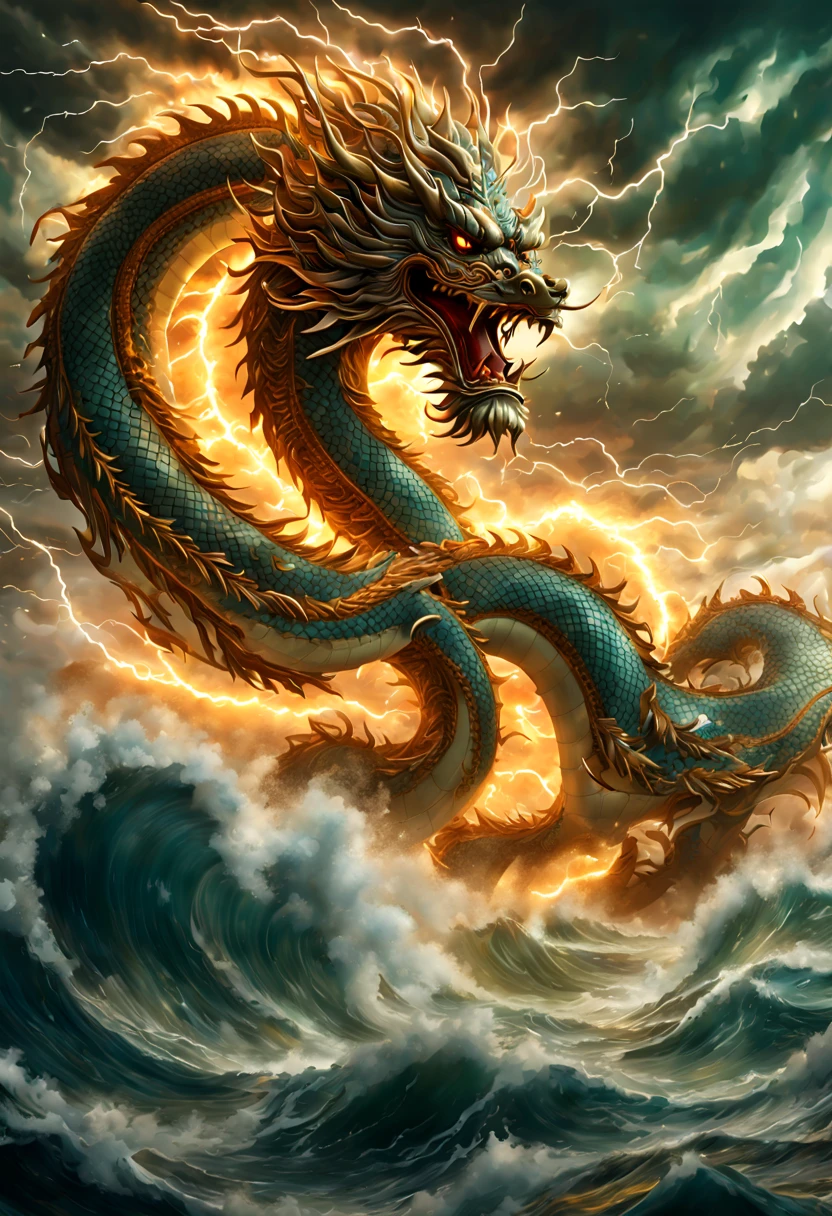 legendary, Brave the rough sea, the Wrath of the chinese Dragon King, Lightning crackled around, The ocean turbulent, The waves are rough, ultra-wide-angle, oc render, enhance, intricate, (best quality, masterpiece, Representative work, official art, Professional, unity 8k wallpaper:1.3)