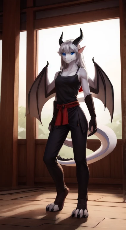 Masterpiece, best quality, high quality, highres, detailed, extremely detailed, dark lighting, 4K, female, 1female, slim_woman, toned body, dragon, white body, anthro legs, tone body, dragon feet, toe claw, black spikes, blue eyes, detailed eyes, dragon horns, dragon tail, dragon wings, bare shoulders, clothing, topwear tanktop, handwear cloth wrap, bottomwear pantlack, beautiful, mouth closed, long silver hair, pretty, monk, timid, averting eyes, cute, standing in a dojo, smiling