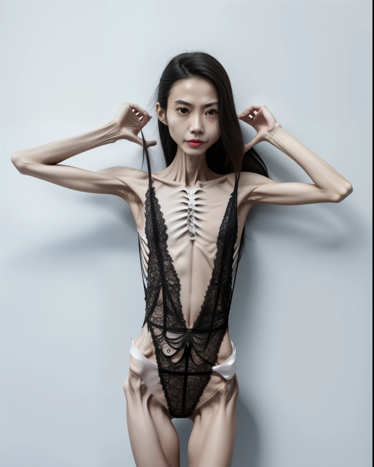 very thin woman,The body very thin,female sternum,Protruding sternum,The sternum distinct,The waist very thin,The ribs are noticeable,Protruding ribs,The crotch protrudes,The pelvic protrusion very obvious,Clear outline of pelvis,The crotch protrudes,thin shoulde,The waist very thin,Sunken abdomen,Abdominal muscle atrophy,Delicate arms,arm muscle atrophy,The leg bones are obvious,leg muscle atrophy,anorexia,Asia face,Haggard expression,weeping,Excessive weight loss,sunken face,Apply lipstick,Severe malnutrition,Body as thin as a skeleton