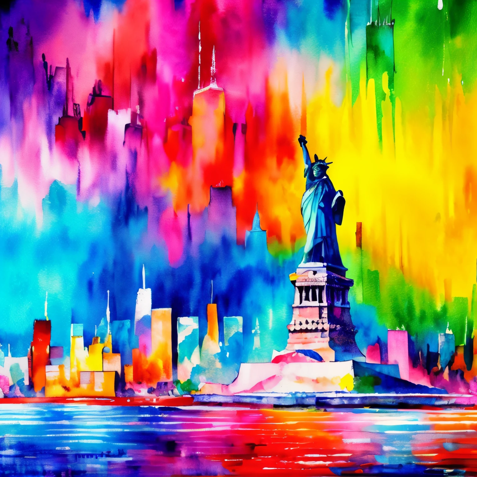 Painting of  new york skyline, include the statue of liberty, intricate details, detailed, make a focus point, wtrcolor style, paint dripping, intricate details,  spectacular, colourful, official art, masterpiece, Beautiful, ((watercolor)), paint splatter, intricate details. Highly detailed, detailed, [dripping:0.5], Trending on artstation, by Rachel Walker, looking like a real painting,  vibrant colours, paint dripping, brush strokes,  extra paint splatters, a lot of paint dripping, paint in the background,