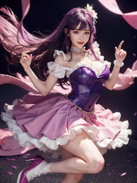 Pink gloves、Purple hair、pink enamel long boots、Realistic, Ultra Detail, Girl with Camera、mix4、(8K、Raw photography、top-quality、masterpiece:1.2)、(realisitic、Photorealsitic:1.37)、Pink idol costume,stage、Red gloves, 1girll, full body Esbian,Solo, high-heels, upper limbs, stage lighrt, stage, Purple Eye,star eyes,Sparkling eyes,Shining eyes,Detailed eyes, white thighhig, purple color hair,blowing hair, holding microphone, Holding, Smile, hair adornments, view the viewer, Dress, Short sleeves, flower, Hair Flower, breasts, frilld, pink footwears, full body Esbian, frilly dress,Large breasts、profetional lighting、photon maping、physically-based renderingt、superior image quality、hight resolution、1080p、(Clear face)、(Detailed face description)、(Detailed hand description)、(masuter piece)、(Exquisite CG)、 extreme light and shadows、hair messy、masterpiece、abundant detail、(Exquisite facial features)、(Top image quality)、(masterpiece)、(Eye of Detail)、Looking forward to your eyes、Pants are slightly visible