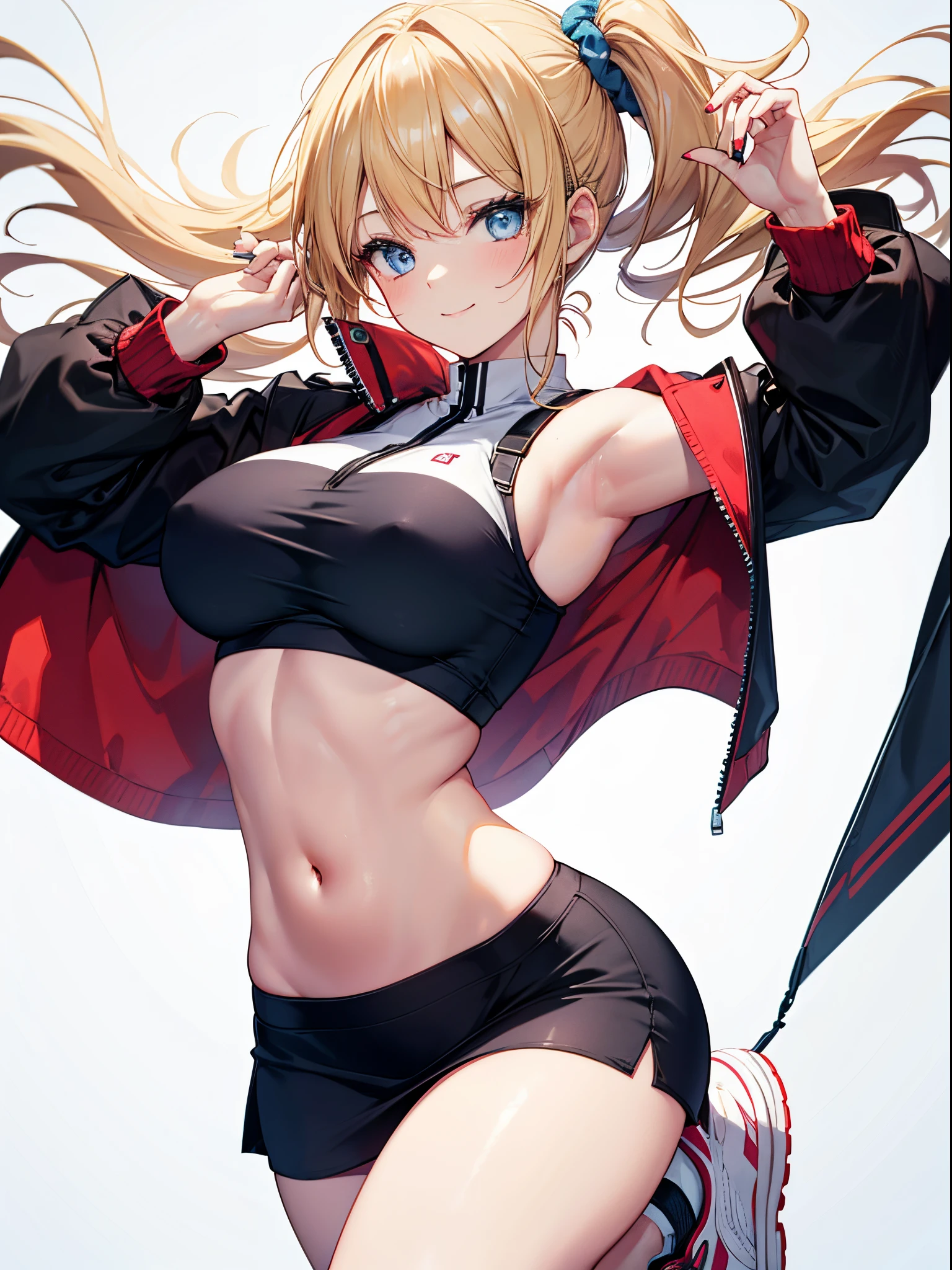 Realistic image, detailed image, 1 girl. She has blonde hair that is tied back on the left side of her head with a blue scrunchie and blue eyes. She is wearing an off-shoulder crop top and high mini skirt. Sneakers. She has big boobs, narrow waist, wide hips and thick thighs. smiling. Full body view. Back arched. posing sensually. White background, uniform background. Volumetric light. Ambient light