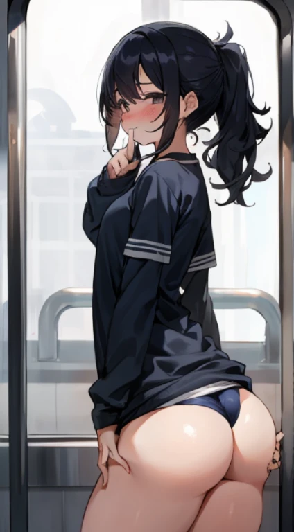 1 girl, black eyes, black messy hair, white gym uniform, navy blue buruma:1.2, small breast,town, back view,thick thighs:1.2,blush,windy,(smile:0.9),looking forward:1.4,(huge ass:1.0),(hide ass by finger:1.4),in train