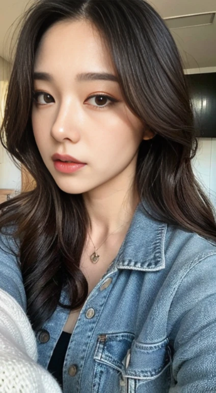 A woman with the same face as last time,Slender Abs、Loose wavy styling、blouson、Beautifully expressed in every detail., Including face and skin texture.,Detailed eyes,Seducting look、full body Esbian