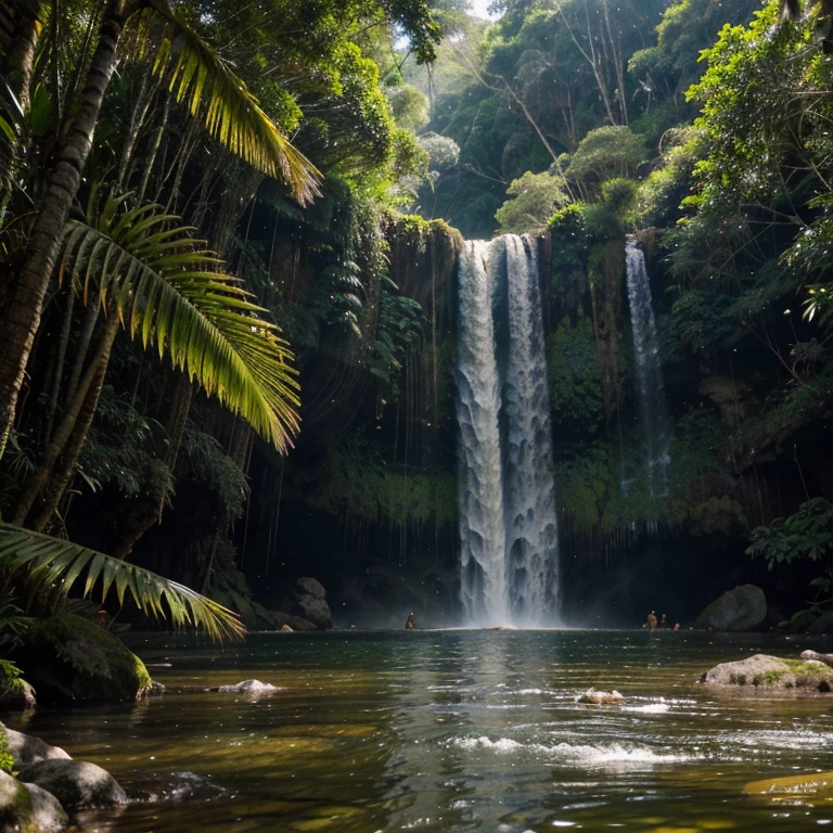 best quality,Altas,(Realistic:1.37),Animais na Natureza,breathtaking waterfall scene,vivid colors,Floresta iluminada pelo sol,Rio Sereno,glistening water,flying birds,peaceful atmosphere,luscious greenery,Penas detalhadas,Sparkling water droplets,Montanhas majestosas,vida selvagem harmoniosa,ambiente tranquilo,crystal water,folhagem densa,raios de sol,dynamic movement of birds,pedras brilhantes do rio,farfalhar das folhas.