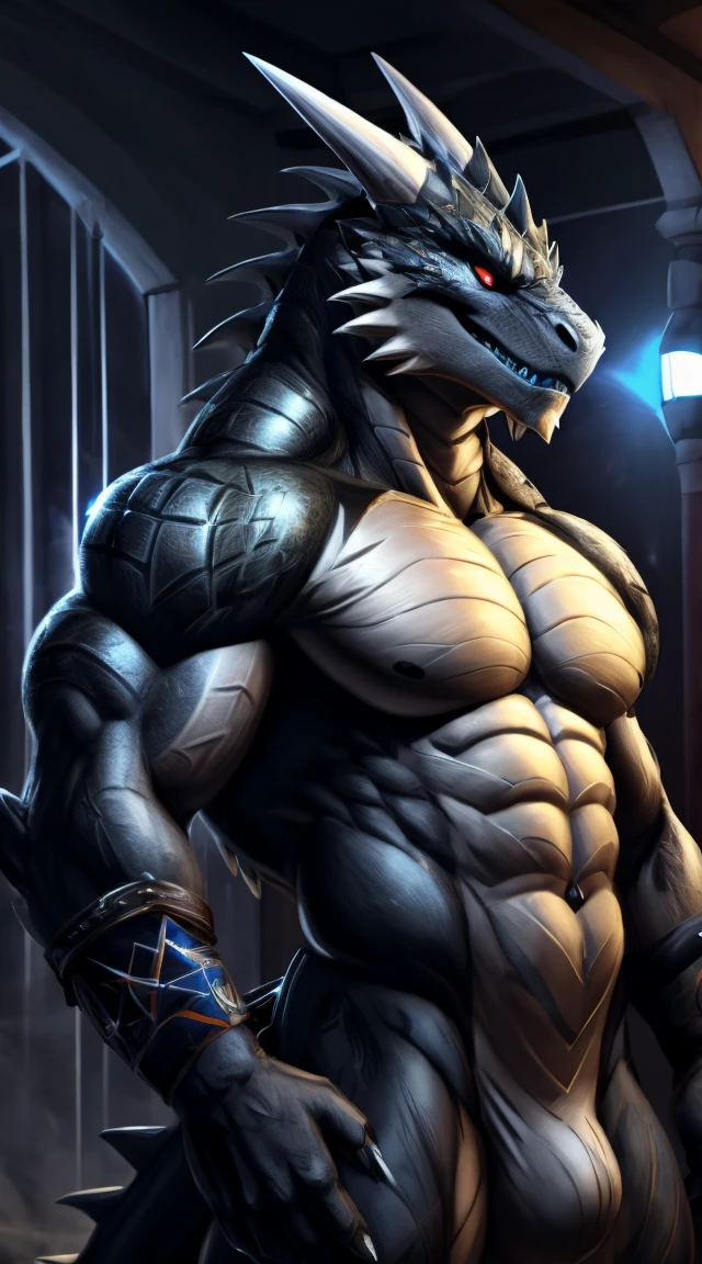 a lizardman, from cryptid academia, grinning lasciviously, grinning sinisterly, anthro lizard, inspired by Ryūsei Kishida, thertrevkaiser, muscular, black body, gray belly, scales on body, claws, red eyes, blue tongue, teeth, gray paws, fit, abs, smooth body, scales on belly, illustration, (best quality, 4k, highres, masterpiece:1.2), ultra-detailed, realistic, horror, sharp focus,