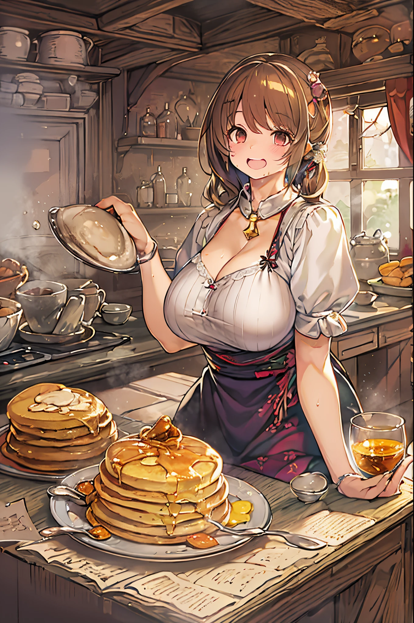 WRC style, Woman, lewd pose, The appearance of a seductive appearance, Apron, kitchin, medieval setting、Eat pancakes、detailed pancakes、pancake、huge-breasted