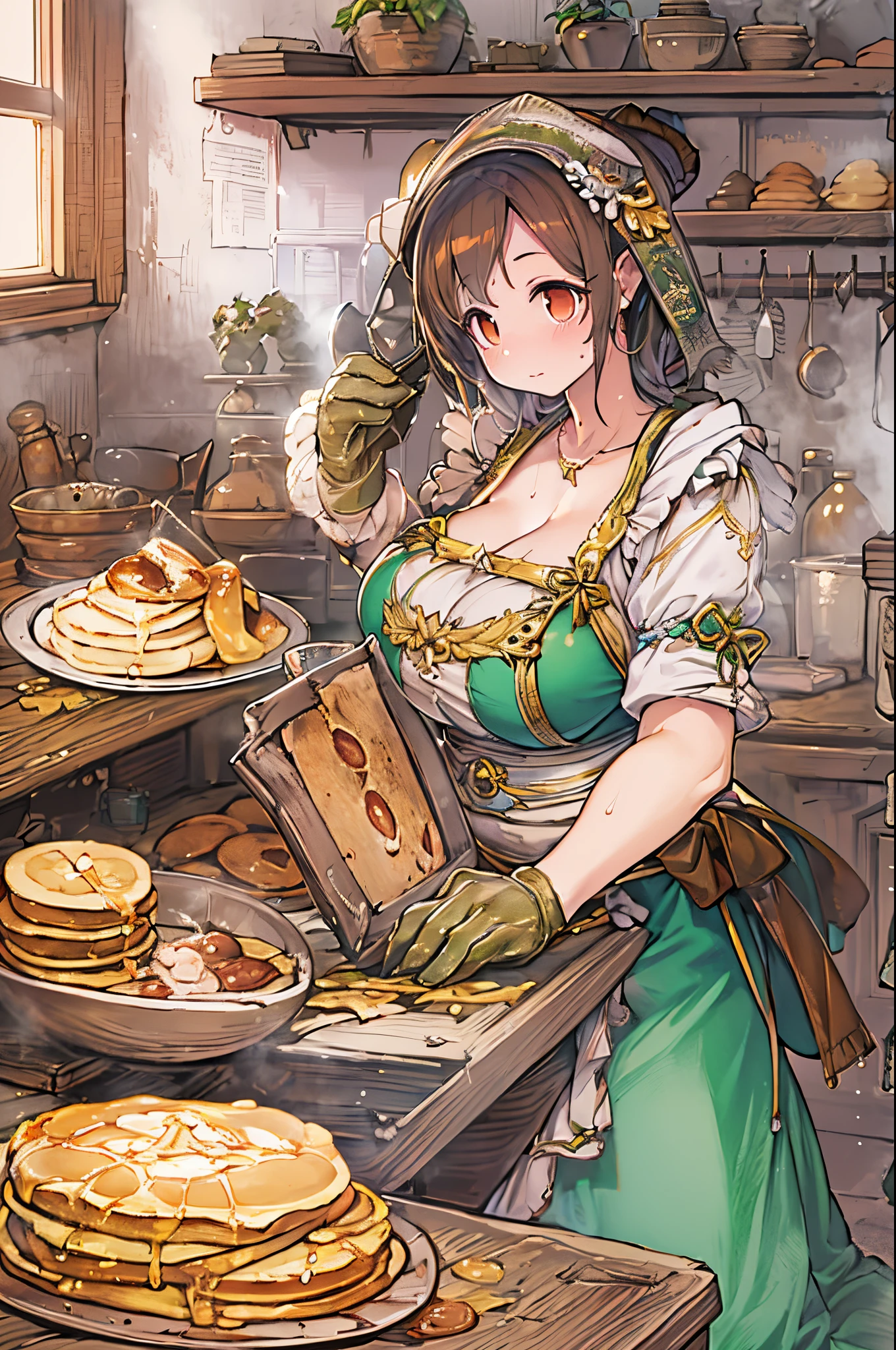 WRC style, Woman, lewd pose, The appearance of a seductive appearance, Apron, kitchin, medieval setting、Eat pancakes、detailed pancakes、pancake、huge-breasted